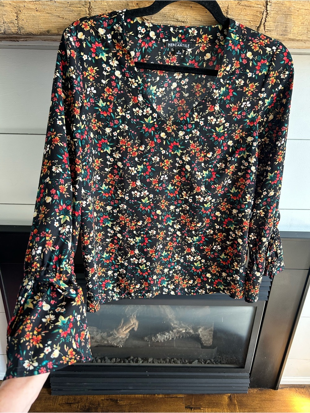 J Crew Black Floral V-Neck Long Sleeve Top